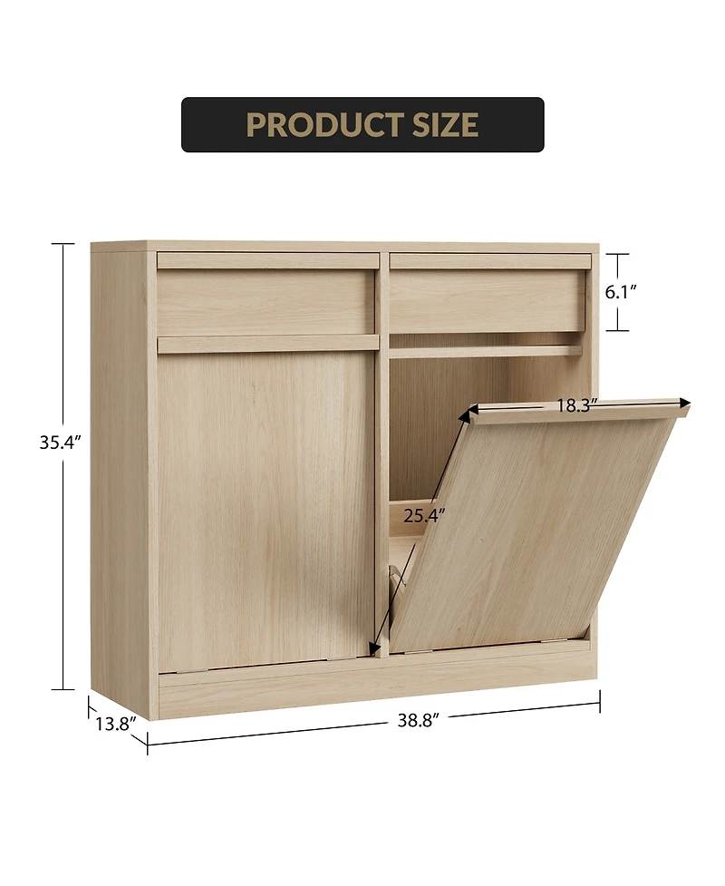 homfan Double Tilt-Out Trash Can Cabinet with 2 Drawers and Hidden Bin Storage, Wood-Finish Organizer for Kitchen or Laundry