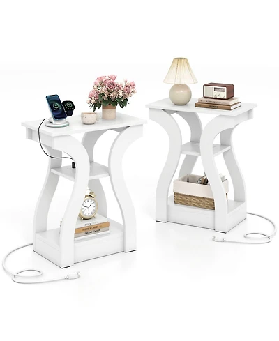 Gymax End Tables w/Charging Station Set of 2 3-Tier Side with Usb Ports and Outlets