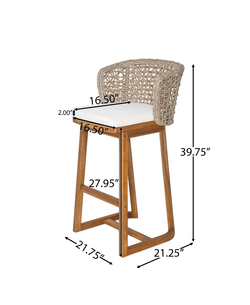 Rainsken Outdoor Acacia Wood Bar Stools, Counter Height Chairs Set of 2 with Cushion and Breathable Wicker Back for Patio, Poolside, Kitchen Island