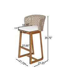 Rainsken Outdoor Acacia Wood Bar Stools, Counter Height Chairs Set of 2 with Cushion and Breathable Wicker Back for Patio, Poolside, Kitchen Island