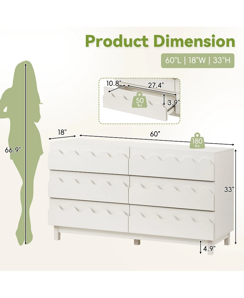 Rainsken 6 Drawer Dresser, Modern Tv Stand and Chest of Drawers with Wave Front Design, Anti-Tip Clothes Storage Organizer for Bedroom, Living Room