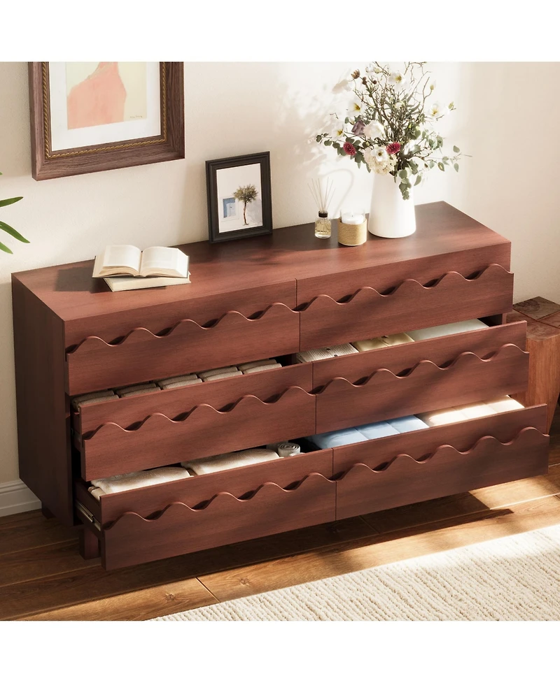Rainsken 6 Drawer Dresser, Modern Tv Stand and Chest of Drawers with Wave Front Design, Anti-Tip Clothes Storage Organizer for Bedroom, Living Room