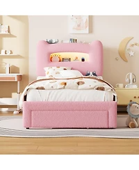 homfan Upholstered Bed Frame with Led Storage Headboard, Charging Station and Drawer, Box Spring Not Required