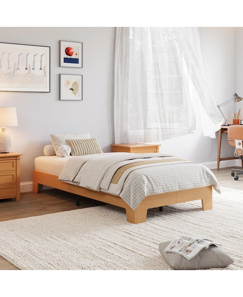 Homfan Wood Platform Bed Frame No Headboard with Low Profile Slat Support