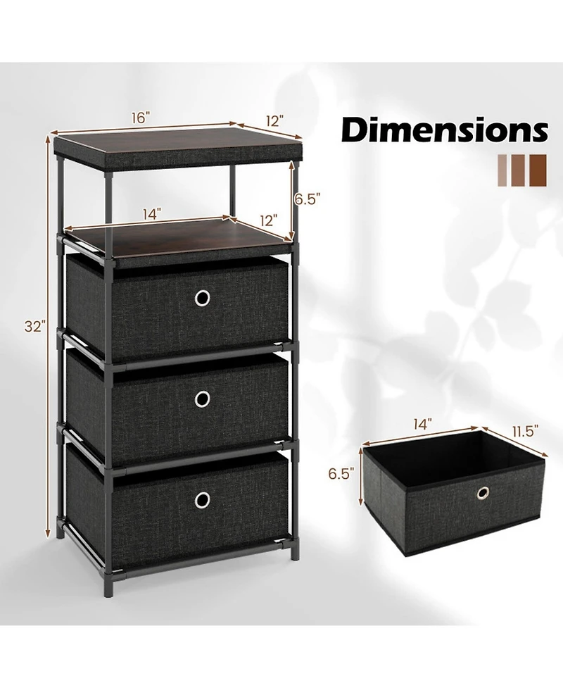 Gouun 3-Drawer Fabric Storage Tower with Wood Top, Shelf and Metal Frame