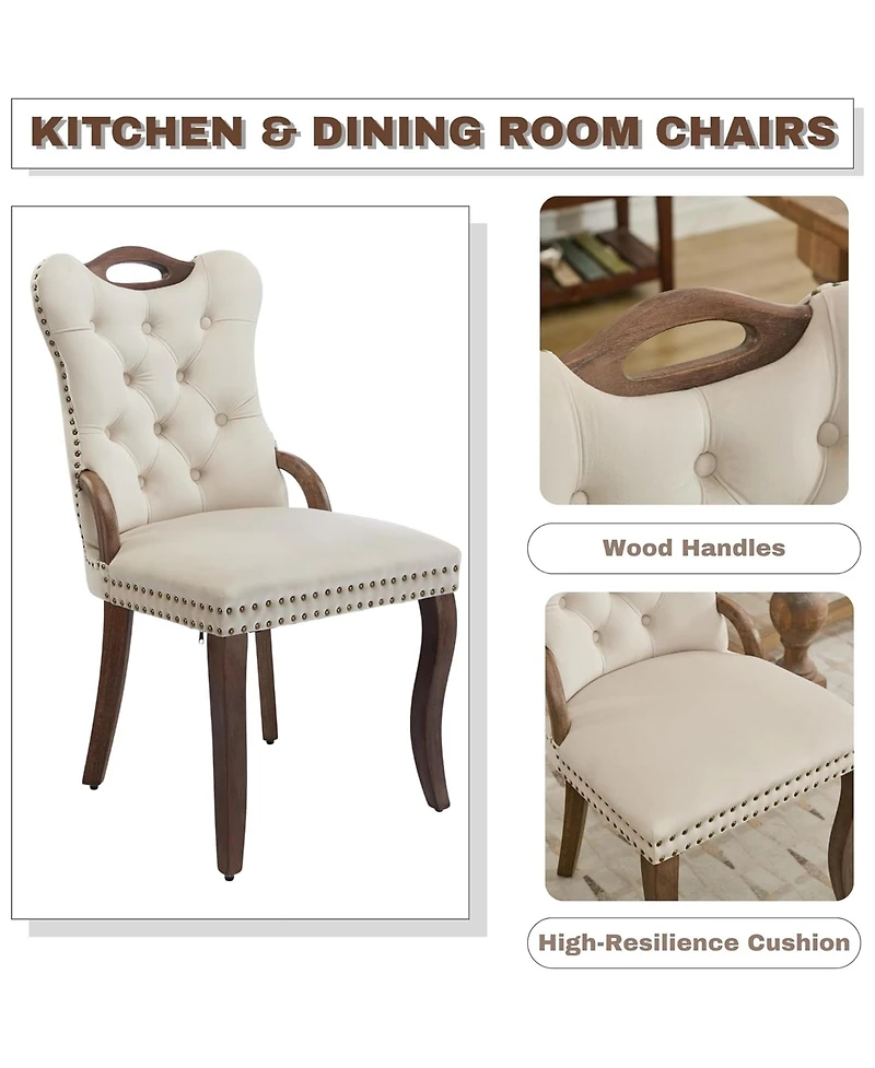 Rainsken Velvet Dining Chairs Set of 2, Modern Upholstered Kitchen Chairs with Nailhead Trim, Solid Wood Handles on Top and Sides for Dining Room
