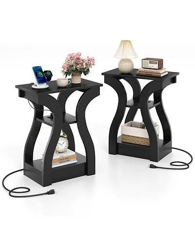 Gymax End Tables w/Charging Station Set of 2 3-Tier Side with Usb Ports and Outlets