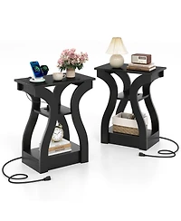 Gymax End Tables w/Charging Station Set of 2 3-Tier Side with Usb Ports and Outlets