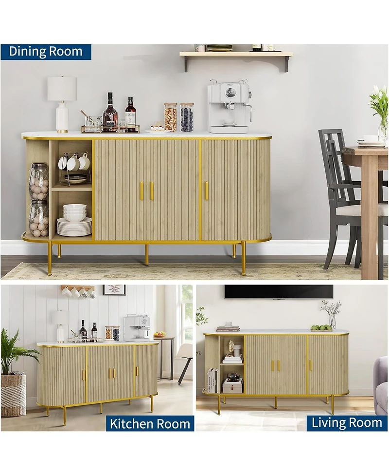 gaomon 59" Sideboard Buffet Cabinet with Storage, Fluted Console Cabinet with Metal Legs, Faux Marble Top, Mid Century Modern Cabinets for Dining Room