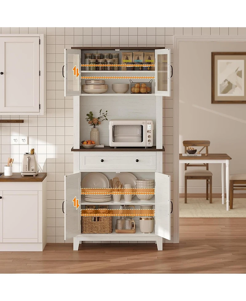 gaomon 72 in Tall Kitchen Pantry Cabinet, Kitchen Hutch Bar Cabinet with Microwave Stand, Cupboard with Drawers Glass Doors for Dining Room