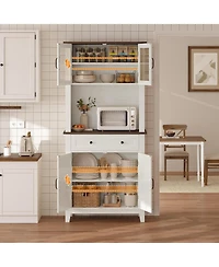 gaomon 72 in Tall Kitchen Pantry Cabinet, Kitchen Hutch Bar Cabinet with Microwave Stand, Cupboard with Drawers Glass Doors for Dining Room