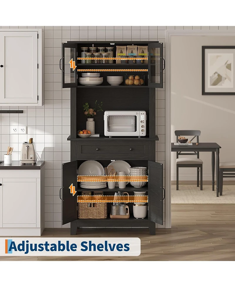 gaomon 72 Tall Kitchen Pantry Cabinet, Hutch Bar Cabinet with Microwave Stand, Cupboard Drawers Glass Doors for Dining Room