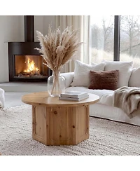 Tribesigns Large Round Solid Wood Coffee Table with Hexagon Pedestal Base