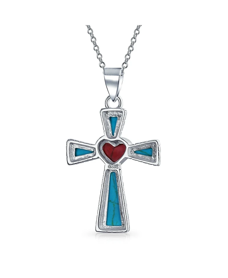 Bling Jewelry Turquoise Lapis and Red Heart Religious Cross Necklace Pendant