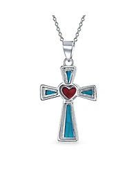 Bling Jewelry Turquoise Lapis and Red Heart Religious Cross Necklace Pendant