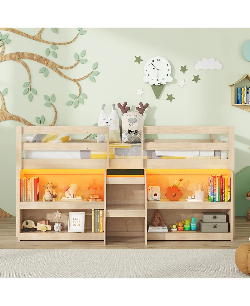 Slickblue Loft Bed Frame with Led Lights, Staircase Ladder and Safety Guardrails, Space Saver