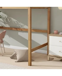 Sailvan High Loft Bed, Rubber Wood Loft Bed with Safety Guardrail, Built-in Desk and Ladder