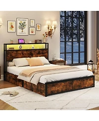 Gymax Full Size Led Bed Frame with 2-Tier Storage Headboard and 4 Drawers Charging Station