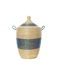 African Modern, Set of Three Blue and Cream Mixed Pattern Hampers