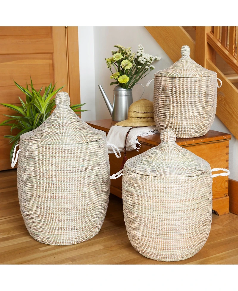 African Modern, Set of Three Solid White Hampers