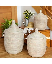 African Modern, Set of Three Solid White Hampers