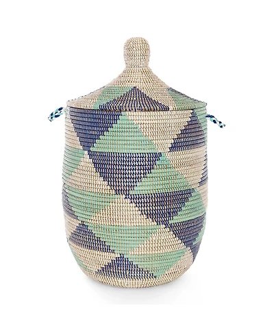 African Modern, Large Blue and White Triangles Lidded Hamper Basket