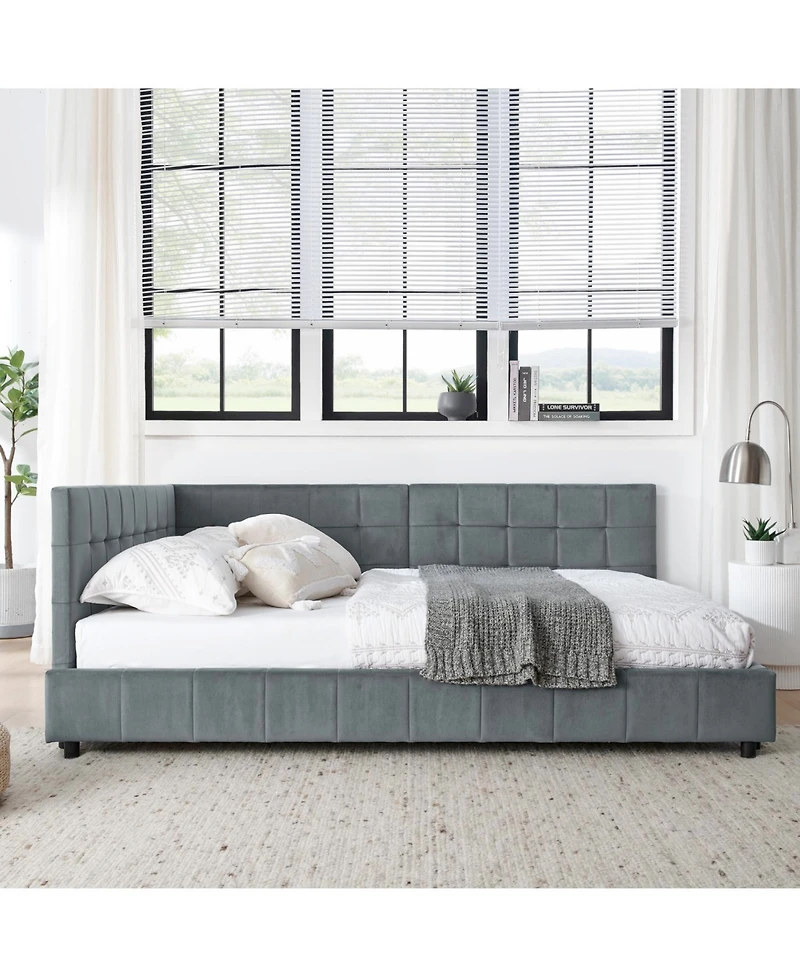 Rainsken Full Daybed L-Shaped, Modern Velvet Upholstered Sofa Day Bed, with Wood Slats, for Living Room Bedroom Guest Room, No Box Spring Needed
