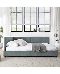 Rainsken Full Daybed L-Shaped, Modern Velvet Upholstered Sofa Day Bed, with Wood Slats, for Living Room Bedroom Guest Room, No Box Spring Needed