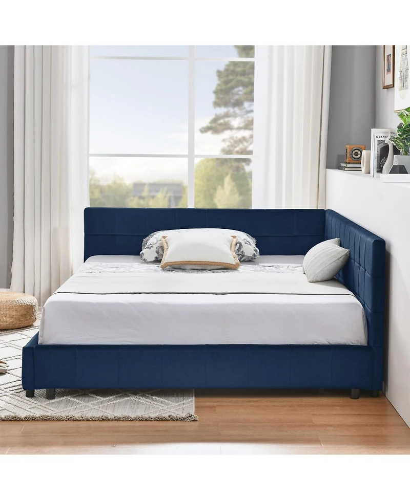 Rainsken Full Daybed L-Shaped, Modern Velvet Upholstered Sofa Day Bed, with Wood Slats, for Living Room Bedroom Guest Room, No Box Spring Needed