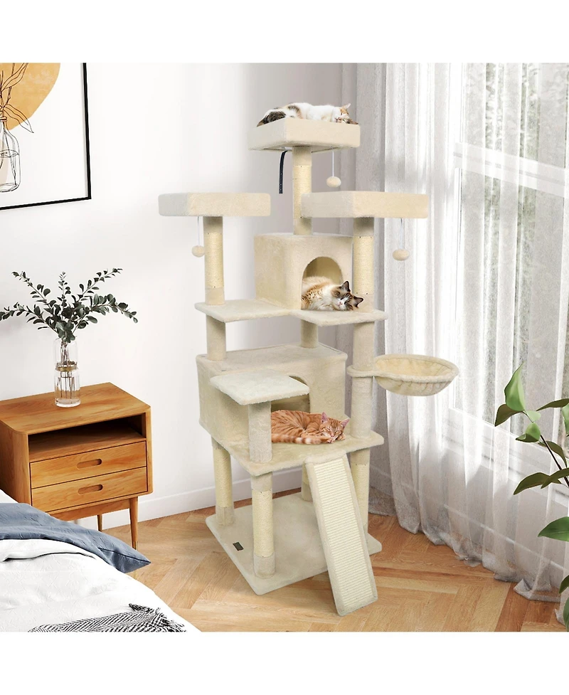 Cozito Cat Tree 65 inch with 3 Upholstered Perches and 2 Condos
