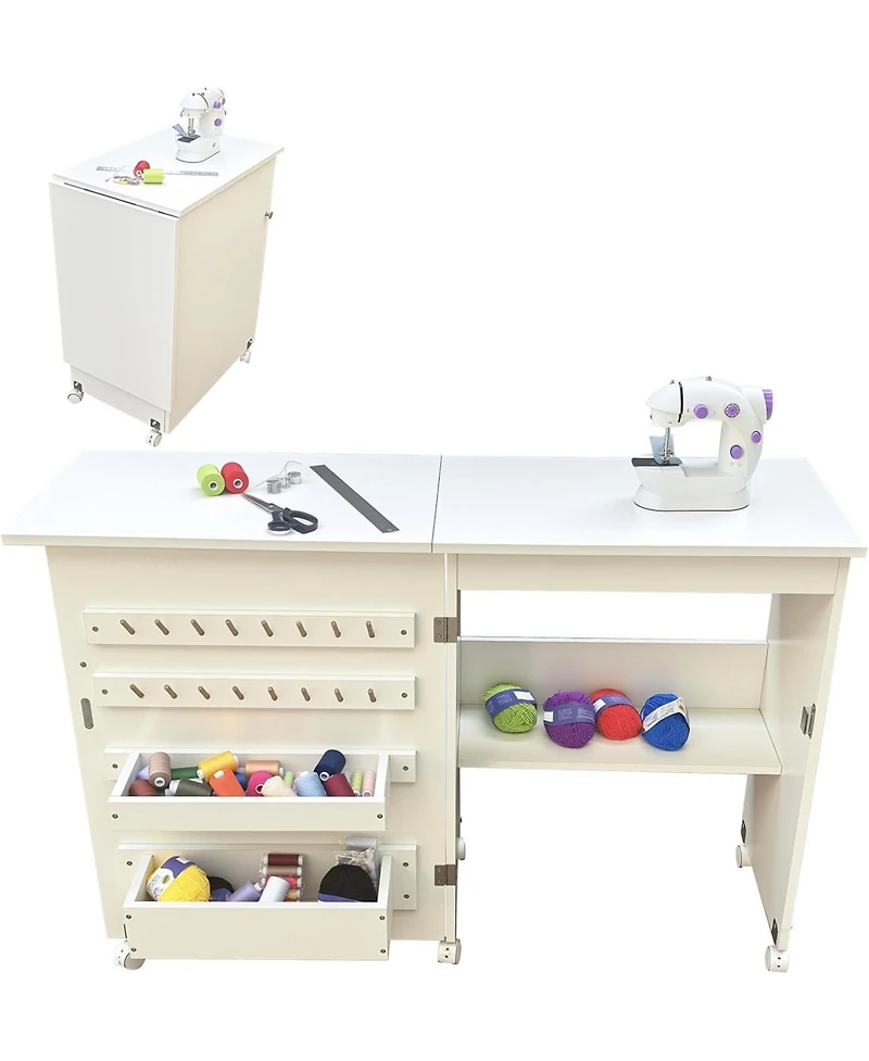 gaomon Folding Sewing Table, Sewing Machine Table with Wheels, Storage Shelves, Trays, Wooden Pegs, Magnetic Door Catch