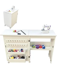 gaomon Folding Sewing Table, Sewing Machine Table with Wheels, Storage Shelves, Trays, Wooden Pegs, Magnetic Door Catch