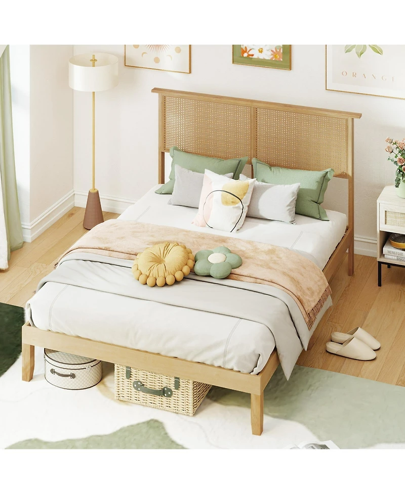 Slickblue Bed Frame with Rattan Headboard, Sturdy Platform Bed for Bedroom