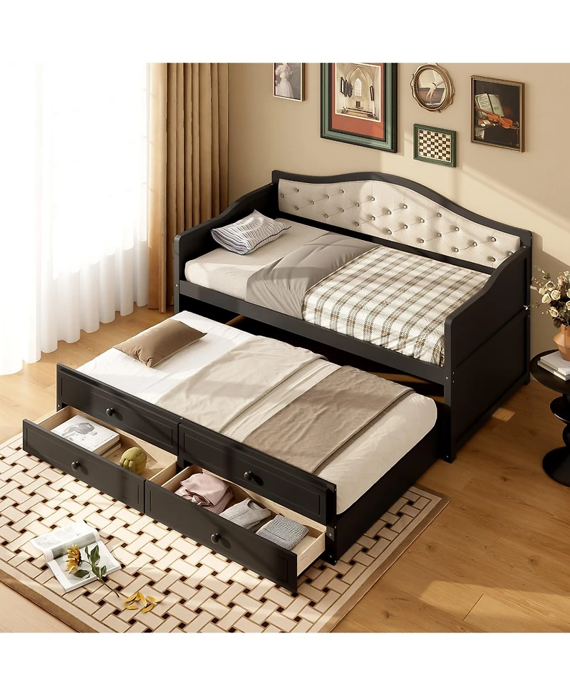 Clihome Twin Daybed with 2 Storage Drawers, Wooden Sofa Bed Upholstered Button Tufted Backrest for Living Room