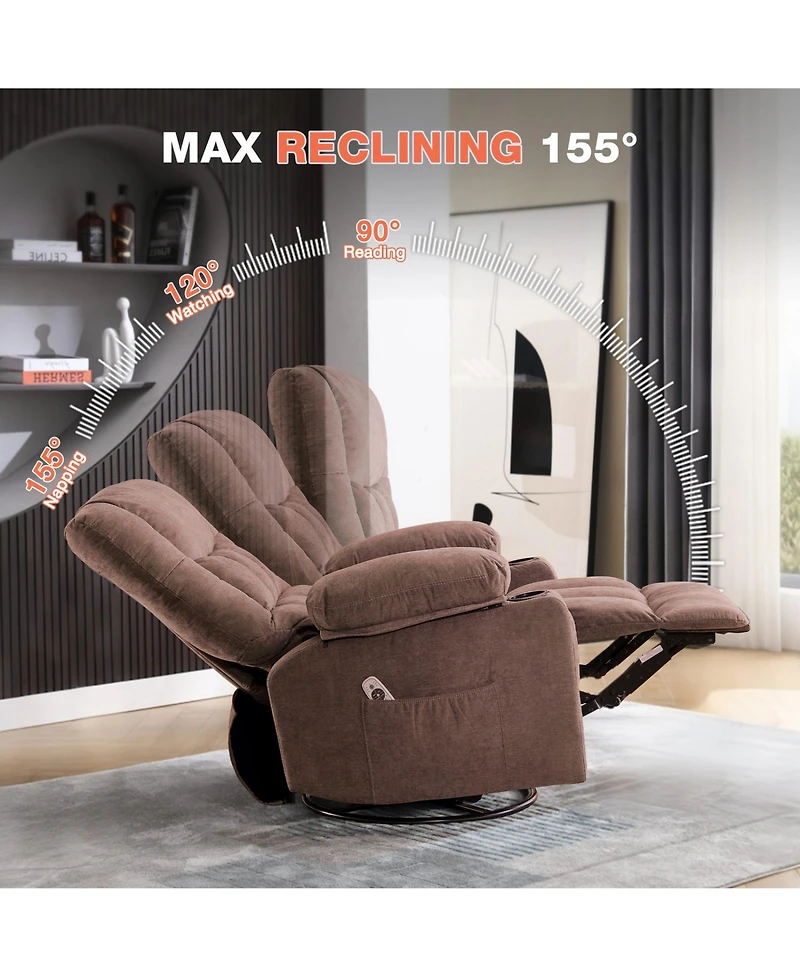 Rainsken Vibration Massage Swivel Rocker Recliner with Heat, Usb Charging and Cup Holders, Extra Large Accent Chair for Living Room