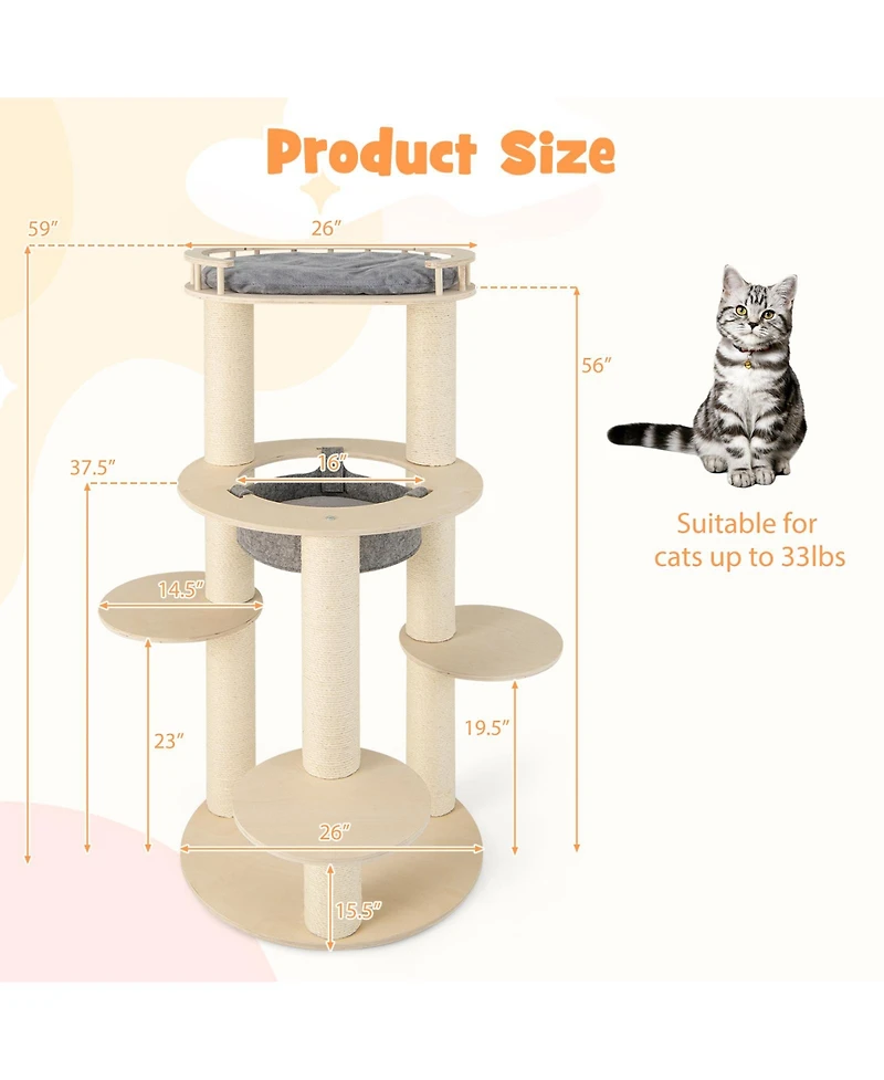 Cozito Cat Tree 5-Level Wooden with Padded Perch and Hammock
