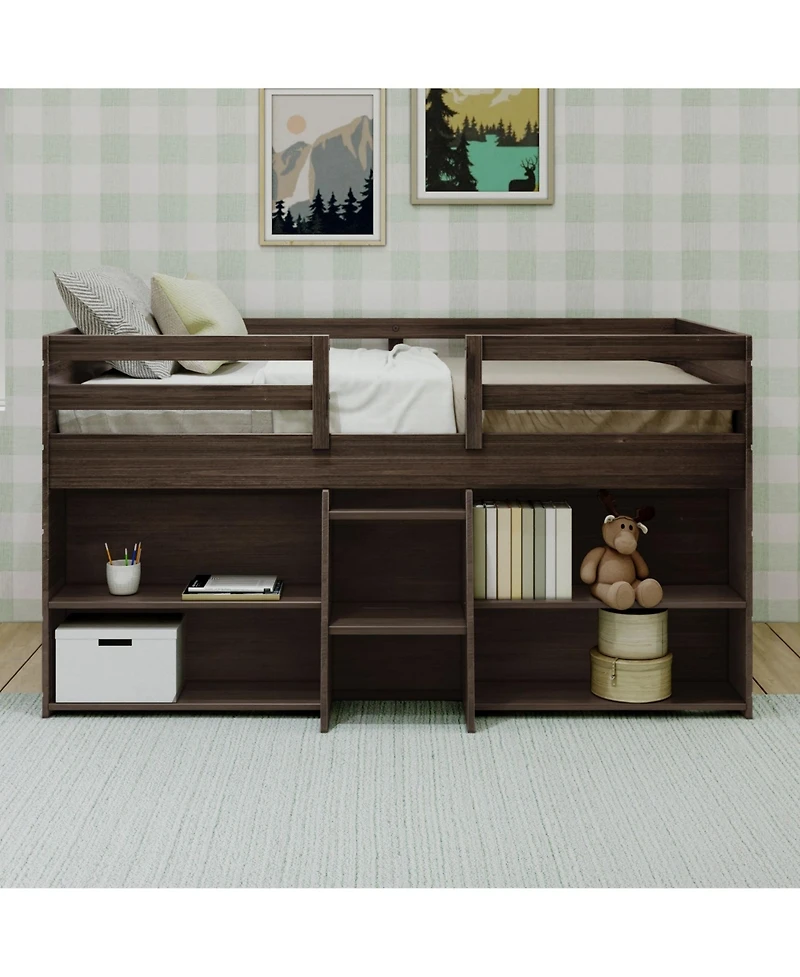 Max & Lily Solid Wood Modern Farmhouse Low Loft Bed, Bed Frame for Kids with 2 Bookcases