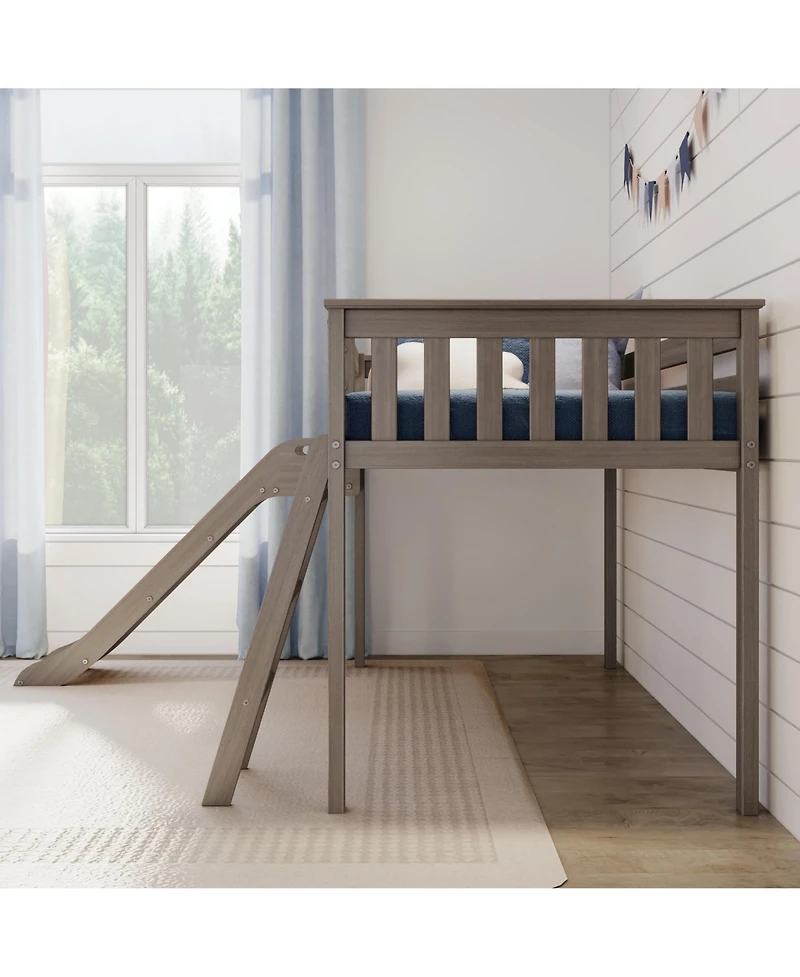 Max & Lily Twin Low Loft Bed with Slide, Solid Wood Kids Platform 14 inch Guardrails