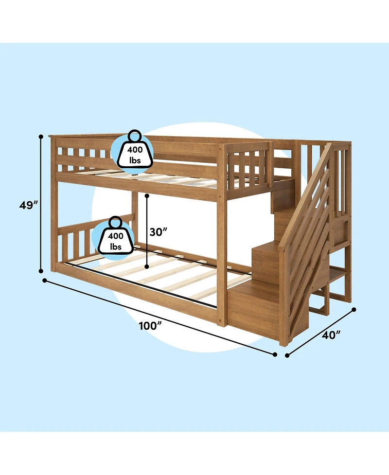 Max & Lily Solid Wood Low Bunk Bed for Kids with Staircase