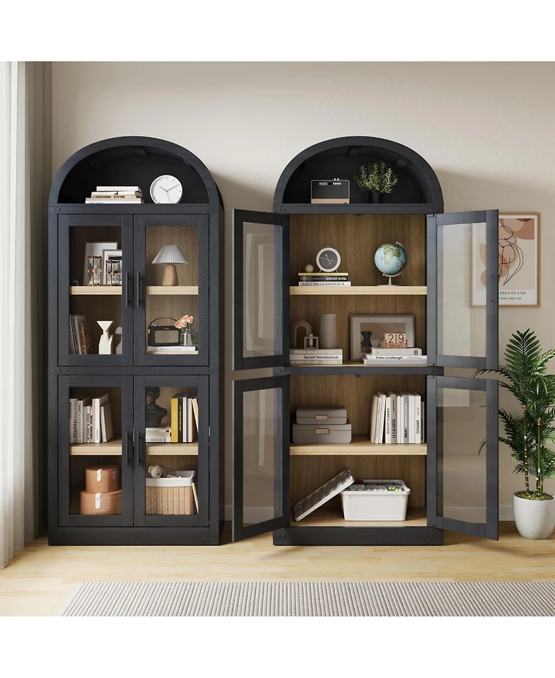 gaomon Arched Bookshelf with Doors and Drawers, 71.4" Farmhouse Bookcase, 15.83" Deep Wooden Display Cabinet