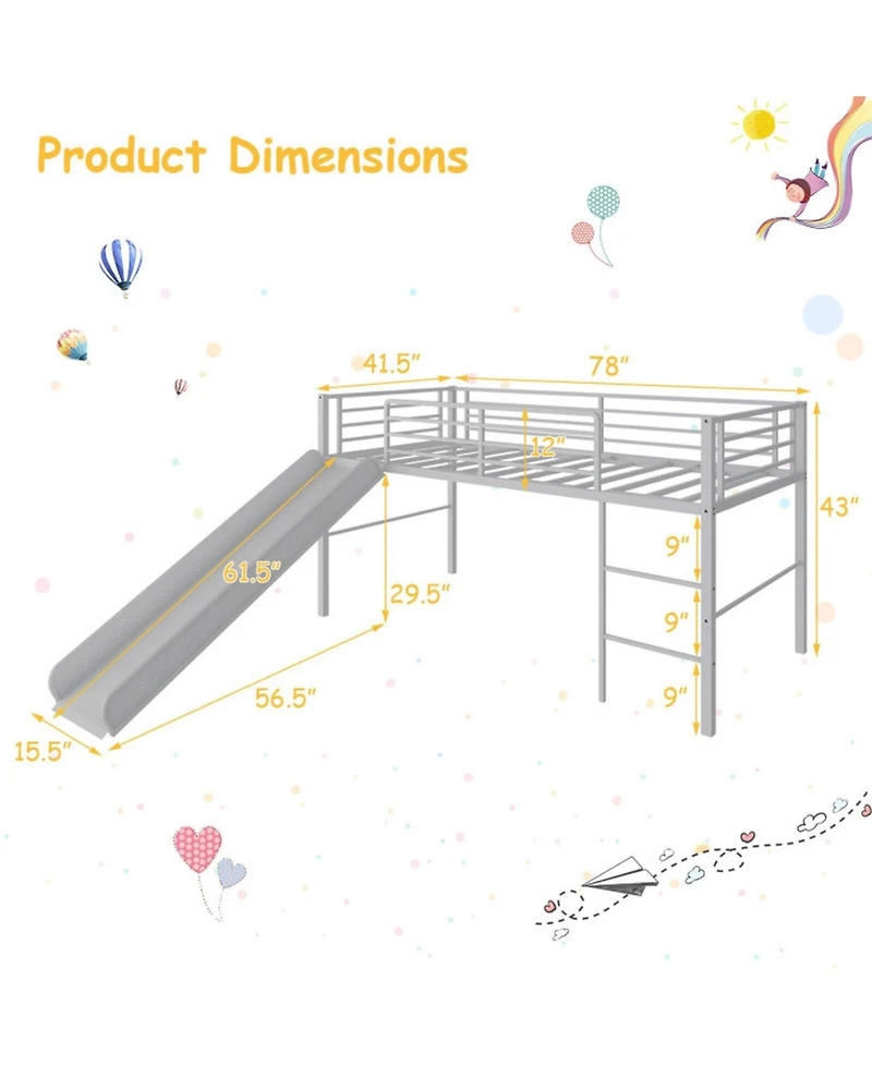 Gouun Twin Metal Loft Bed with Slide, Dual Handrails and Built-in 3-Step Ladder