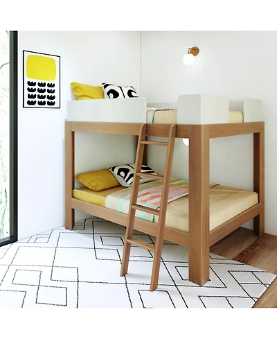 Max and Lily Mid-Century Modern Full Over Full Bunk Bed, White/Pecan