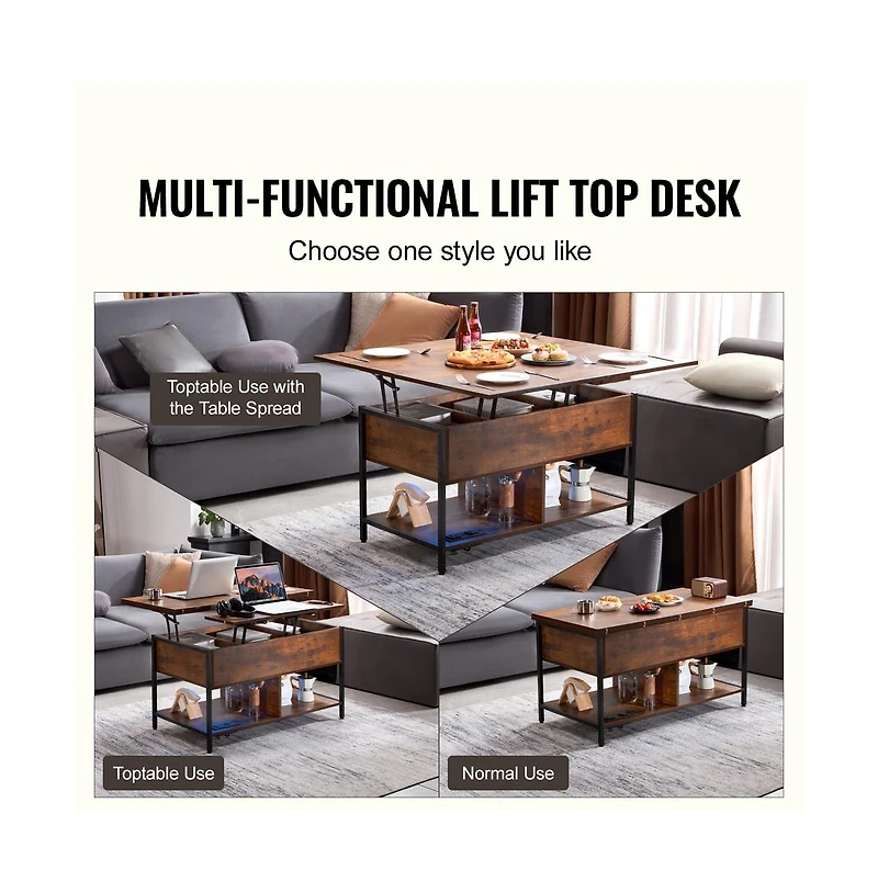 Sugift Lift Top Coffee Table with Usb Charging, Led Ambient Light, and Hidden Storage
