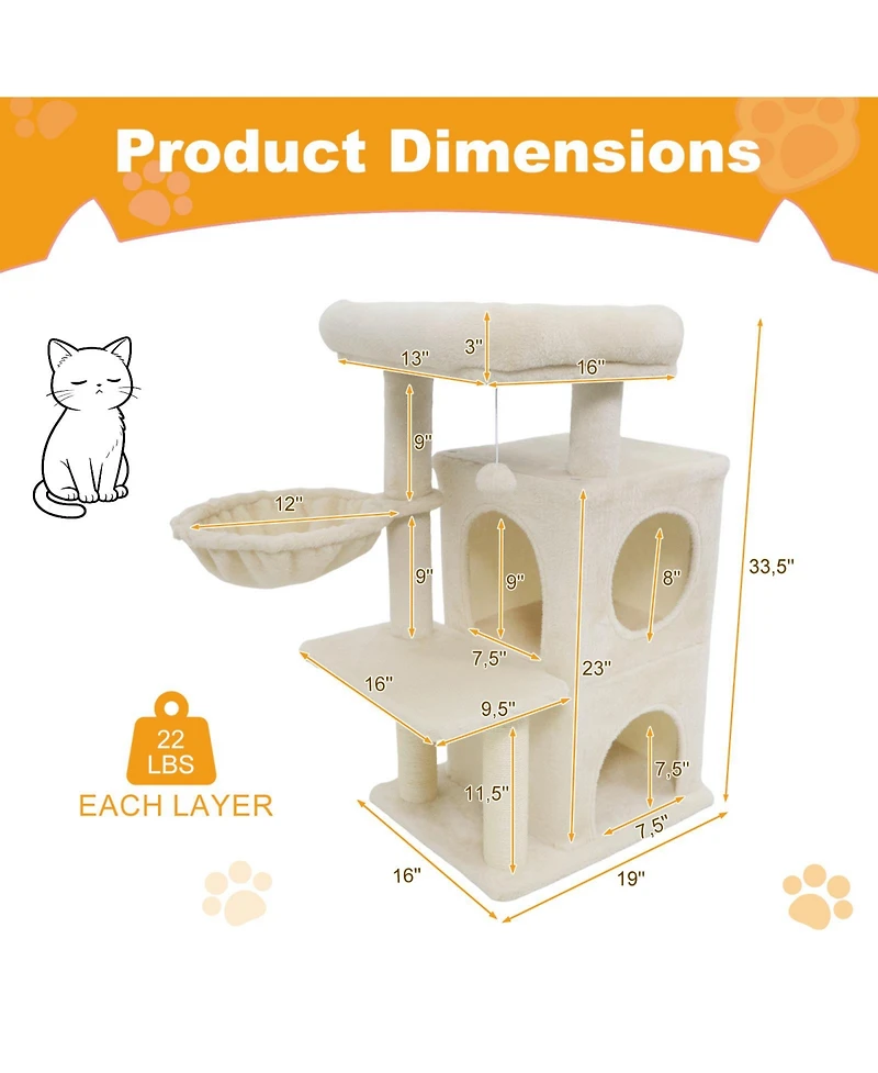 Cozito Cat Tower 33.5 in Cute with 2-Tier Condo and Top Perch