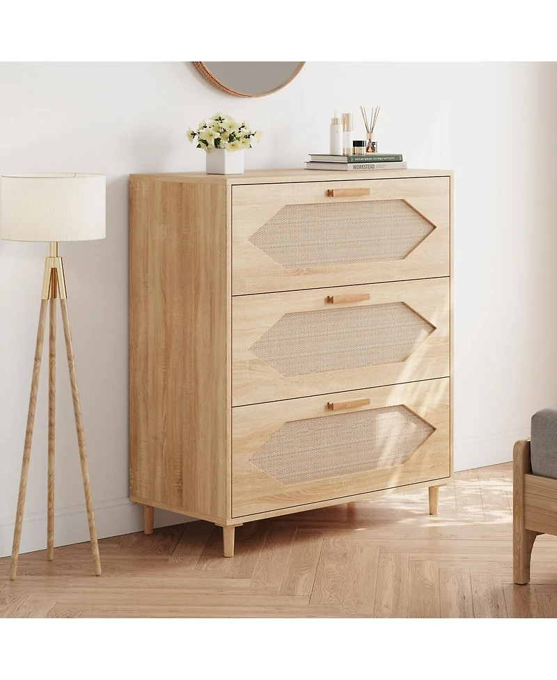 gaomon 3 Drawer Rattan Dresser for Bedroom, Modern Wood Chest of Drawers with Rattan Accents