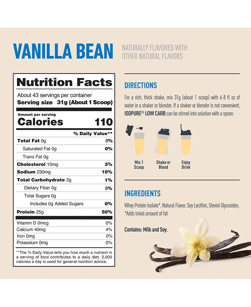 Isopure Low Carb Protein, Naturally Sweetened Vanilla Powder, 3 lb