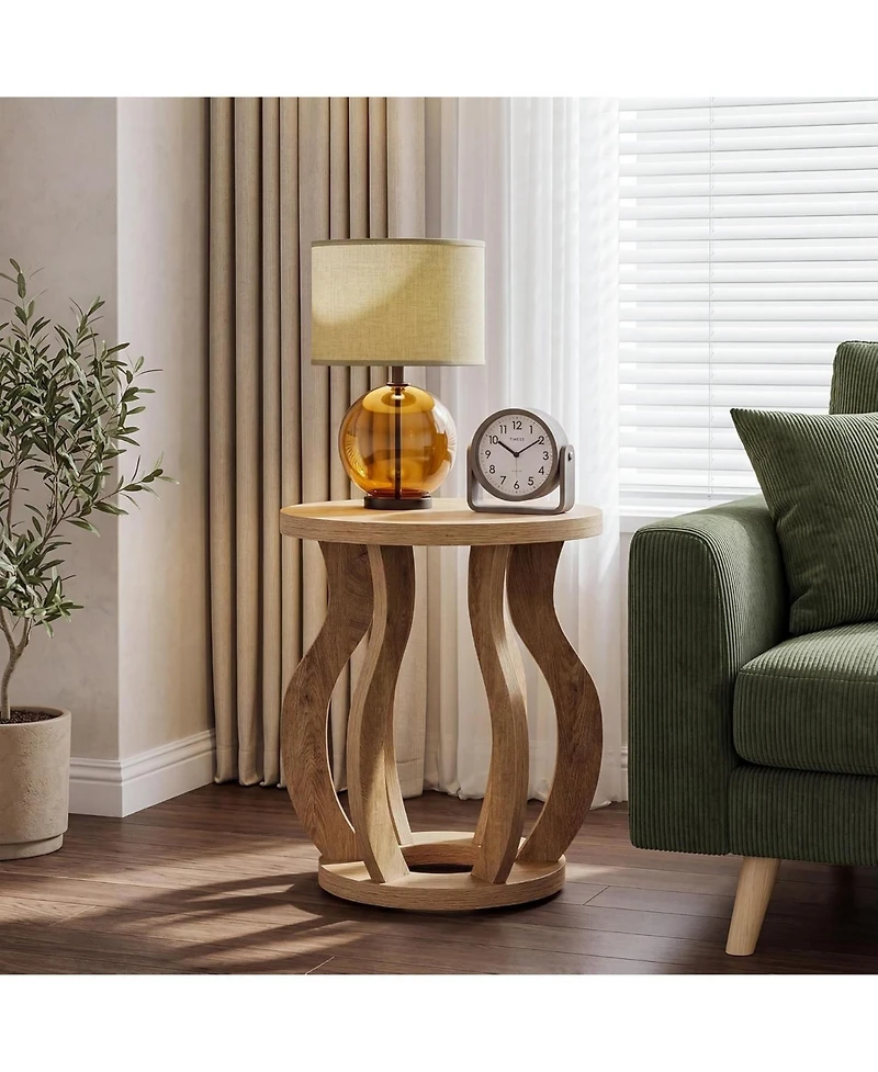 Tribesigns Round End Side Table: Farmhouse Wooden Side Table for Living Room, Bedside Nightstand with Curved Frame, Accent Nightstand