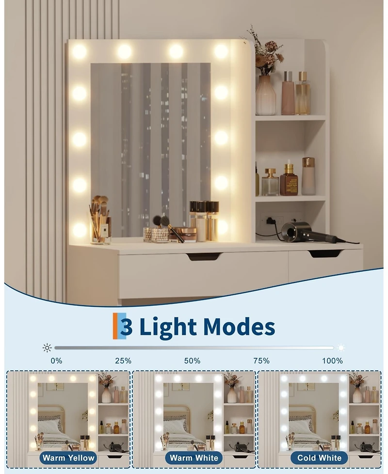 Homfan Vanity Desk with Mirror and Lights, 4 Drawers, Built-in Power Outlet Usb, Adjustable Led Lighting, Makeup Table for Bedroom