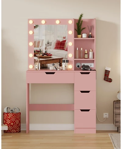 Homfan Vanity Desk with Mirror and Lights, 4 Drawers, Built-in Power Outlet Usb, Adjustable Led Lighting, Makeup Table for Bedroom
