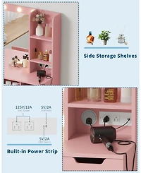 Homfan Vanity Desk with Mirror and Lights, 4 Drawers, Built-in Power Outlet Usb, Adjustable Led Lighting, Makeup Table for Bedroom
